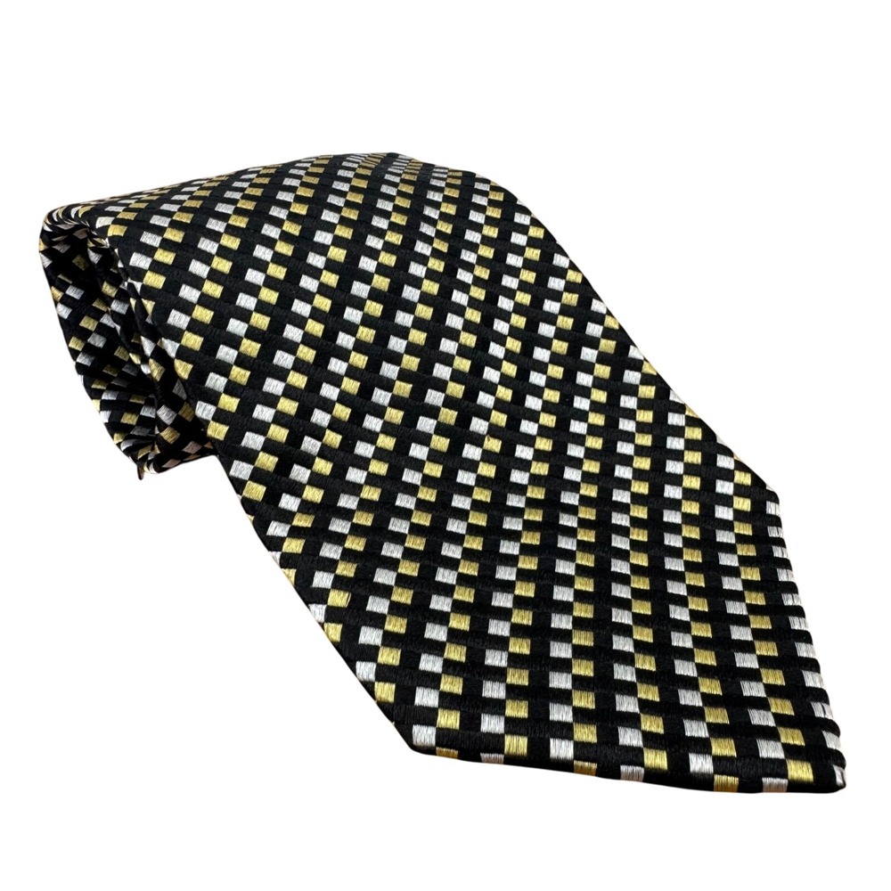 Today's Man 100%‎ Silk Black Gold White Checkered Made in Italy Men's Tie 58"